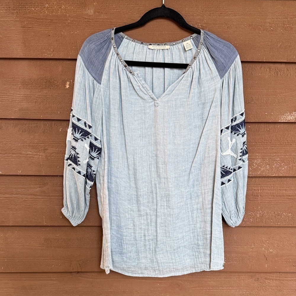 Scotch & Soda Light Blue Embroidered Sleeves Star Detail Blouse size 10/140